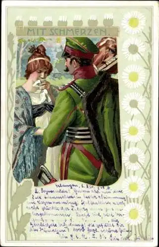 Passepartout Künstler Litho Schubert, H., Mit Schmerzen, Soldat, Abschied