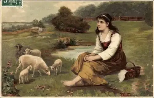 Ak Nachdenkliche Frau auf der Wiese mit Lämmern