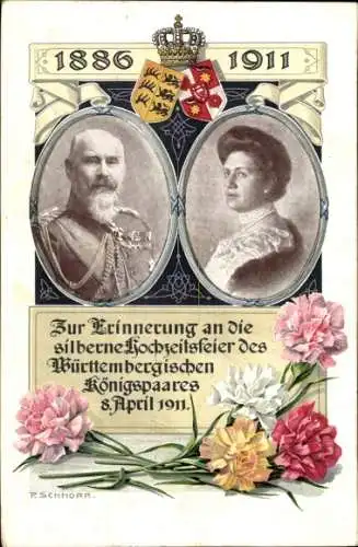 Künstler Ak Schnorr, König Wilhelm II v. Württemberg, Königin Charlotte, Silberhochzeit 1911, Wappen