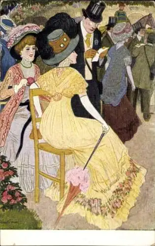 Jugendstil Künstler Ak Cardona, Juan, Elegante Damen und Mann auf der Pferderennbahn, Jugend XVIII 1