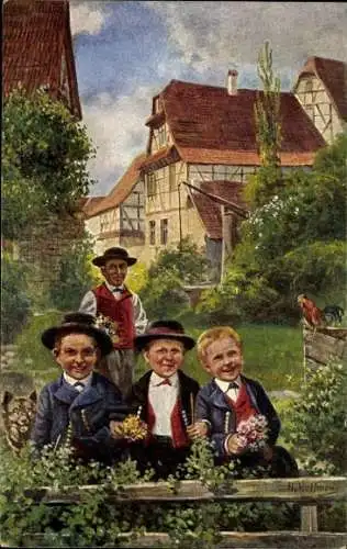 Künstler Ak Hoffmann, H., Jungen und Mann in Elsässer Tracht, Hahn, Brunnen