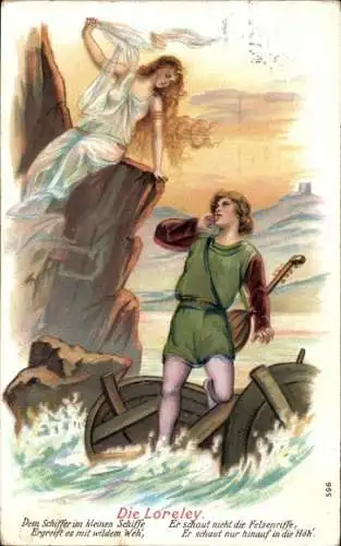 Litho Die Loreley, Schiffer im kleinen Schiffe, Schiffbruch