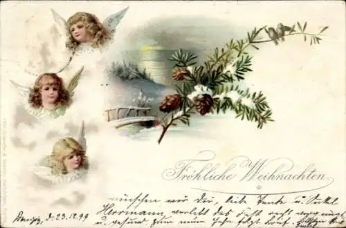 Litho Glückwunsch Neujahr, Weihnachten, Engel, Tannenzweige