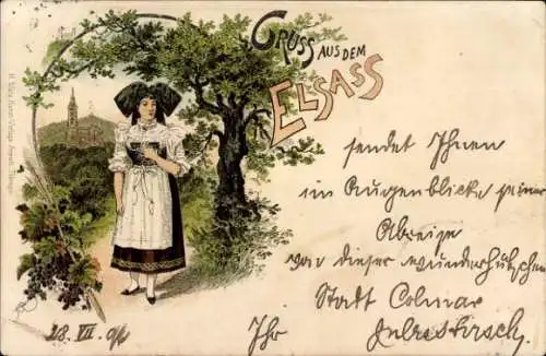 Litho Gruß aus dem Elsaß, Elsäßerin in Tracht