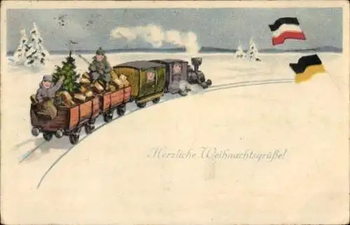 Ak Glückwunsch Neujahr, Fahnen, Eisenbahn, Soldaten