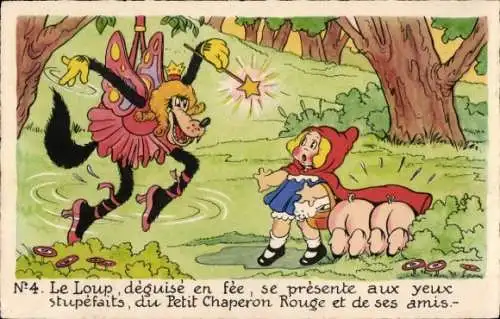 Künstler Ak Walt Disney, Petit Chaperon Rouge, Loup deguise en fee, Petits Cochons, Rotkäppchen