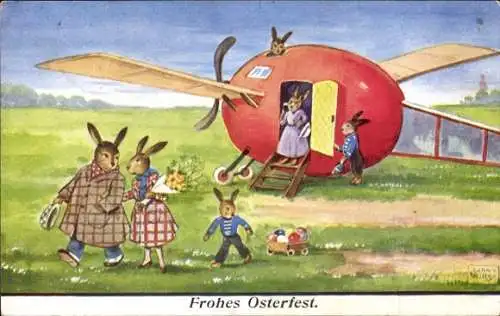 Ak Glückwunsch Ostern, Osterhasen steigen aus Eierflugzeug