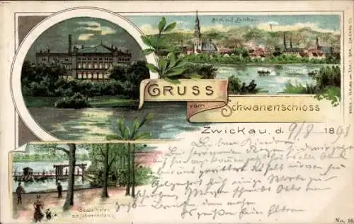 Litho Zwickau in Sachsen, Schwanenschloss, Gondelhafen am Schwanenteich