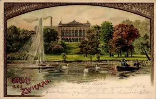 Litho Zwickau in Sachsen, Schwanenteich mit Schloss