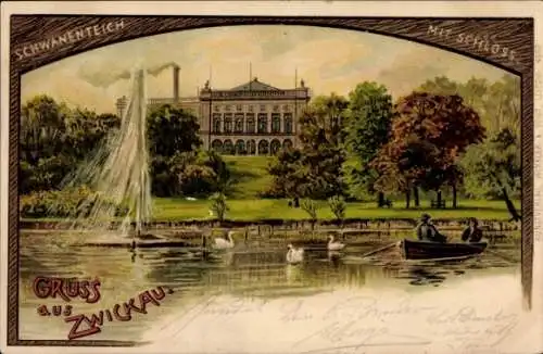 Litho Zwickau in Sachsen, Schwanenteich mit Schloss