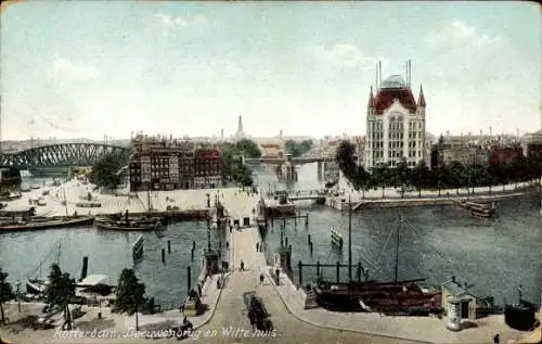 Ak Rotterdam Südholland Niederlande, Leeuwenbrug, Witte huis, Brücke, Fluss