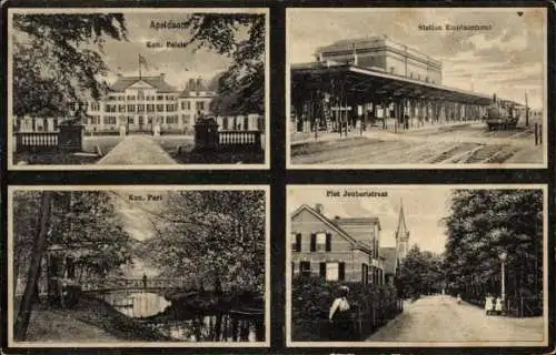 Ak Apeldoorn Gelderland, Bahnhof, Palast, Park, Brücke