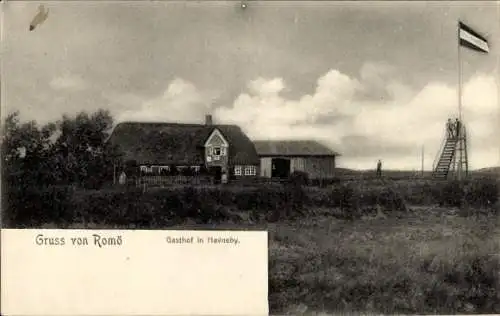 Ak Havneby Rømø Dänemark, Gasthof in  bewölkter Himmel, zwei Personen auf einem Aussichtsturm,...