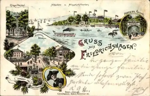 Litho Berlin Köpenick Friedrichshagen, Müggelsee, Müggelschlösschen, Friedrichstraße, Kriegerdenkmal