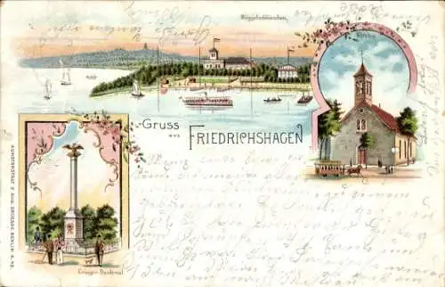 Litho Berlin Köpenick Friedrichshagen, Schlößchen, Kirche, Kriegerdenkmal