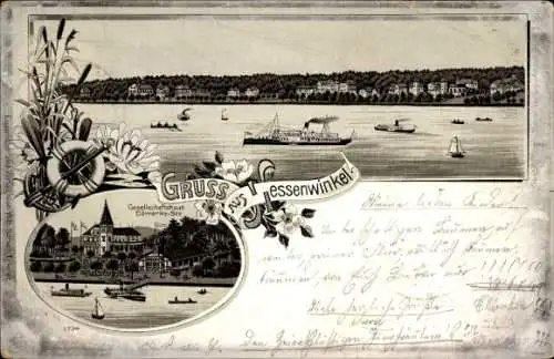 Litho Berlin Köpenick Rahnsdorf Hessenwinkel, Panorama, Gesellschaftshaus Dämeritz See