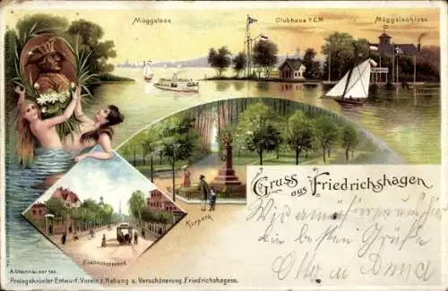 Litho Berlin Köpenick Friedrichshagen, Müggelsee, Müggelschloss, Kurpark, Nixen, Clubhaus YCM