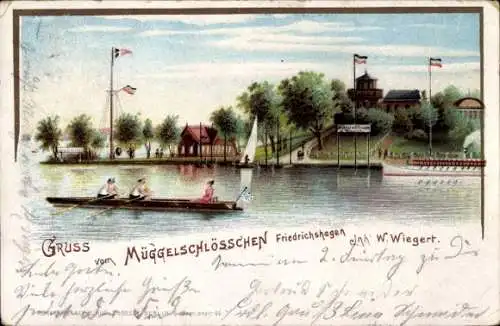 Litho Berlin Köpenick Friedrichshagen, Restaurant Müggelschlösschen, Inh. W. Wiegert, Ruderboot