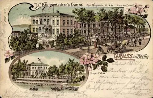 Litho Berlin Tiergarten, J. C. Kistenmacher's Garten, Richard Wagner Straße 10, Ufer, Ruderboote