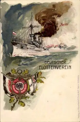 Litho Deutscher Flottenverein, Deutsches Kriegsschiff, Salut, Fahnen, Kaiserliche Marine