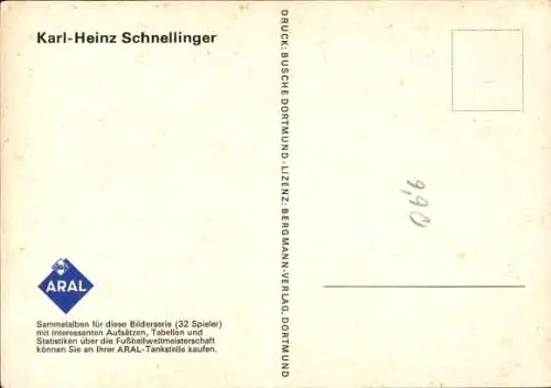 Ak Karl Heinz Schnellinger, Fußballer, AC Mailand, Aral Sammelbild, Autogramm
