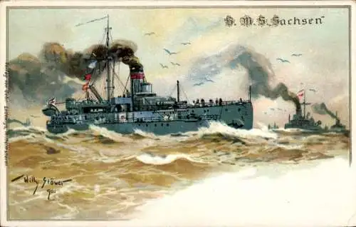 Künstler Litho Stöwer, Willy, Deutsches Kriegsschiff, SMS Sachsen, Großlinienschiff