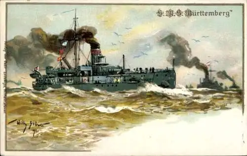 Künstler Litho Stöwer, Willy, Deutsches Kriegsschiff, SMS Württemberg, Großlinienschiff