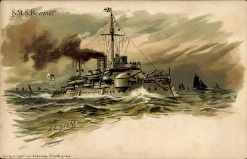 Präge Künstler Litho Siehl, Deutsches Kriegsschiff, SMS Beowulf, Küstenpanzerschiff