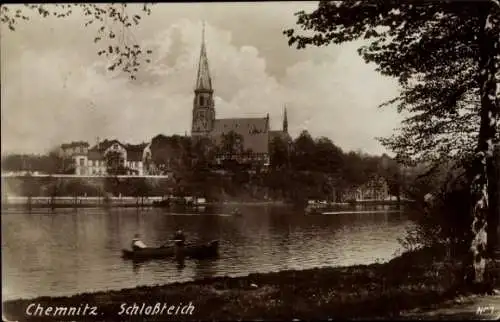 Ak Chemnitz in Sachsen, Teilansicht, Kirche, Schlossteich