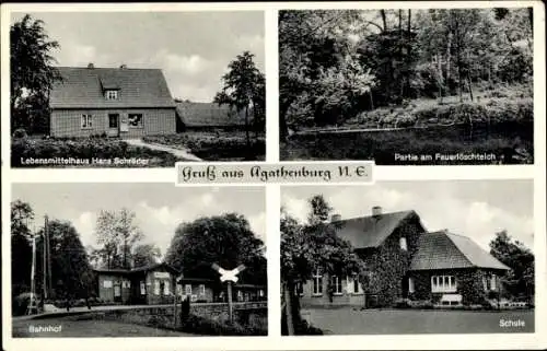 Ak Agathenburg Kreis Stade, Bahnhof, Lebensmittelhaus Hans Schröder, Schule