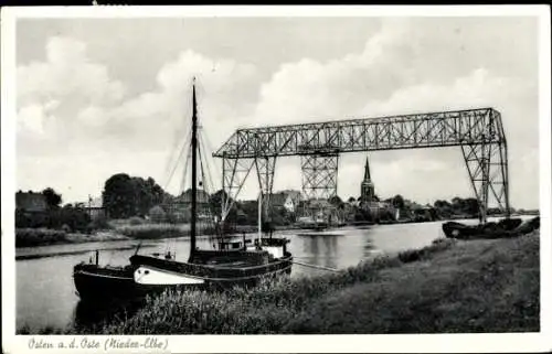 Ak Osten an der Oste, Fluss, Boote, Brücke