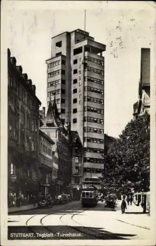 Ak Stuttgart in Württemberg, Tagblatt Turmhaus, Straßenbahn