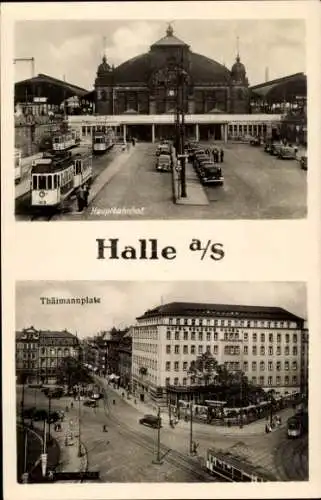 Ak Halle an der Saale, Hauptbahnhof, Thälmannplatz, Straßenbahnen