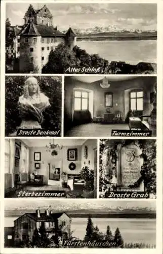 Ak Meersburg am Bodensee, Altes Schloss, Droste Denkmal, Turmzimmer, Sterbezimmer, Droste Grab