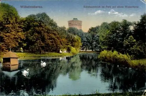 Ak Wilhelmshaven an der Nordsee, Wilhelmshaven. Schwanenteich im Park, Wasserturm