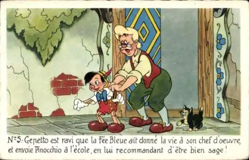 Ak Walt Disney, Pinocchio mit Gepetto, Katze