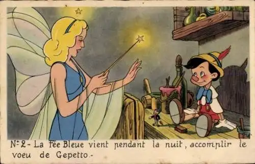 Künstler Ak Walt Disney, Pinocchio, Blaue Fee verwandelt Pinocchio, Jiminy Grille