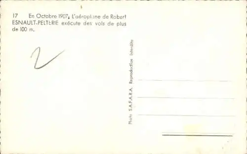 Ak Octobre 1907, Aéroplane de Robert Esnault Pelterie, Vol de plus de 100m