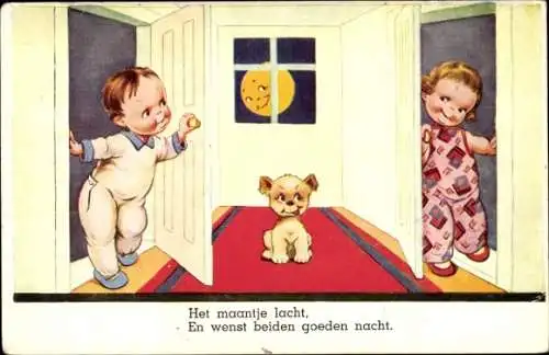 Künstler Ak Le Gardien de la Vertu, Hüter der Tugend, Hund, Mond