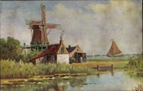 Künstler Ak Oudes, J., Landschaftsmotiv, Windmühle, Segelboot