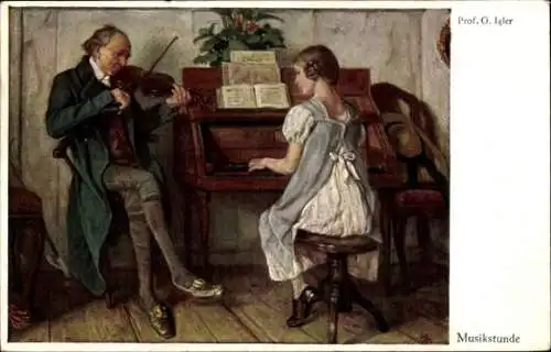 Künstler Ak Igler, G., Musikstunde, Lehrer, Violine, Mädchen,Klavier,Primus 5130