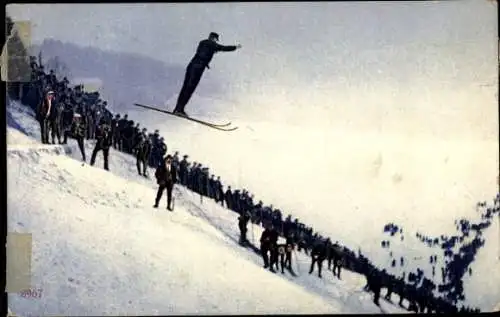 Ak Wintersport in der Schweiz, Skispringer, Zuschauer