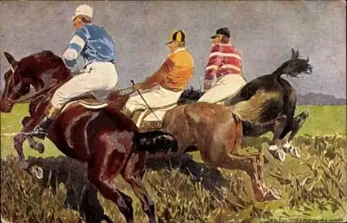 Künstler Ak Hoffmann, Anton, Pferderennen, Hindernissprung, Jockeys