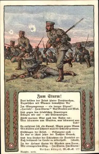 Gedicht Ak Zum Sturm, Arthur Künzel MGK 177, I. WK, Soldaten beim Angriff