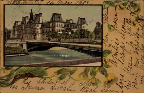 Litho Paris I Louvre, Rathaus, Brücke