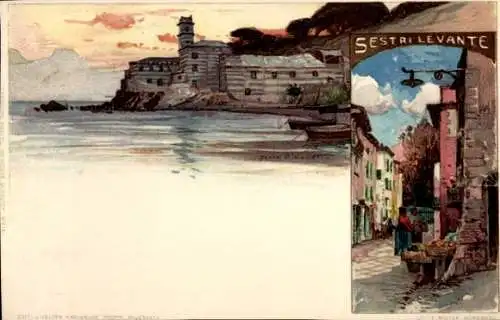 Künstler Litho Wielandt, Manuel, Sestri Levante Liguria, Straßenpartie, Küstenmotiv