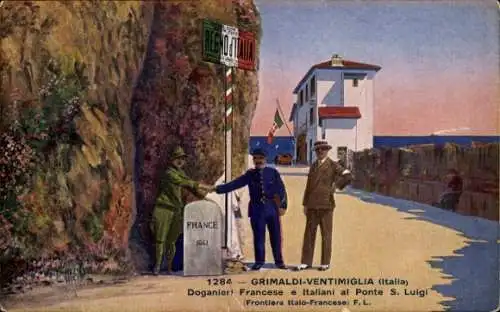 Ak Grimaldi di Ventimiglia Liguria, Doganier, Francese e Italiani al Ponte S. Luigi