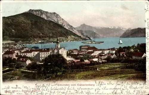 Ak Gmunden am Traunsee Salzkammergut Oberösterreich, Gesamtansicht, Calvarienberg