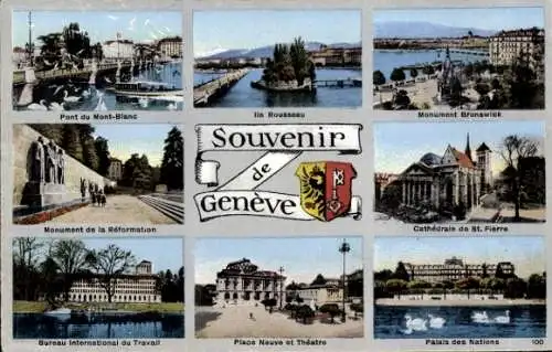 Ak Genf Kanton Schweiz, Lac Leman, Pont du Mont-Blanc, Ile Rousseau, Monument Brunswick