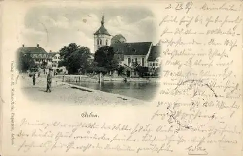 Ak Arbon am Bodensee Kanton Thurgau, Passanten, Häuser, Turm